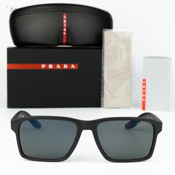 Prada Linea Rossa Women Sunglasses Black Grey Red Rectangle PS05YS 1BO10A NEW - Picture 2 of 7